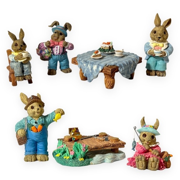 Mervyns 1993-1995 Easter‎ Bunny Collection Figurine Sets Fishing and Tea Party - Picture 1 of 11